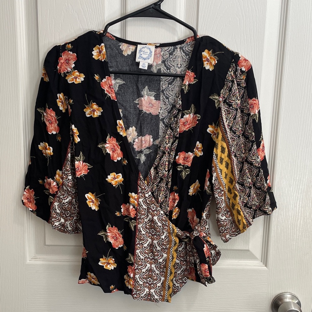 Blue Rain Black and Orange Floral Wrap Blouse